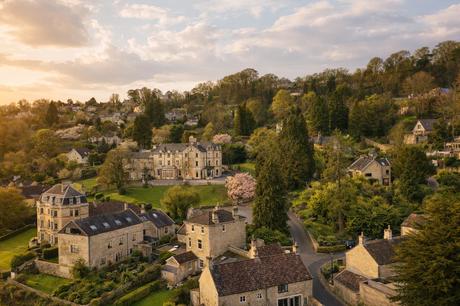 Limpley Stoke at golden hour — Georgian stone houses climbing the wooded hillside above the valley.