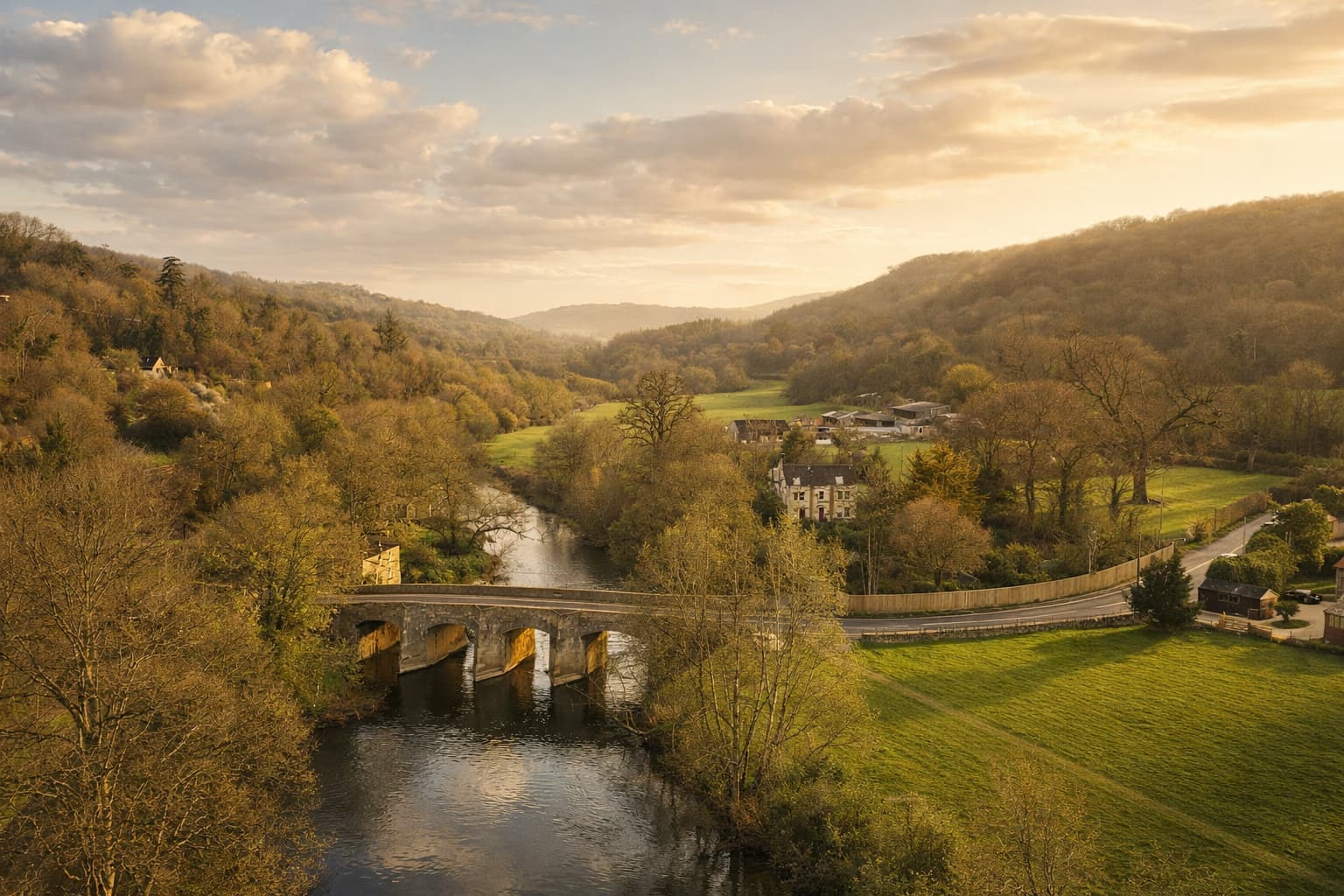 The Avon valley from above, looking west — the river curves beneath a stone bridge, fields on either bank.